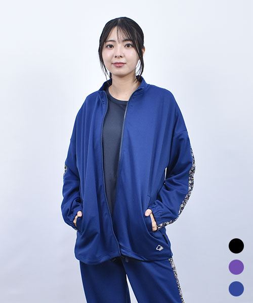 drug store's 細衿ZIP UP ブタ＆ロゴ刺繍 花柄プリントラインジャージ