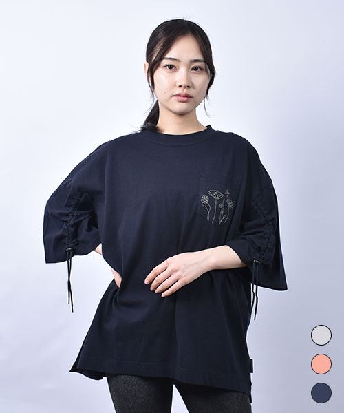 drug store's 21/-天竺 ポケット刺繍 袖ドロスト BIG 7部袖 Tシャツ