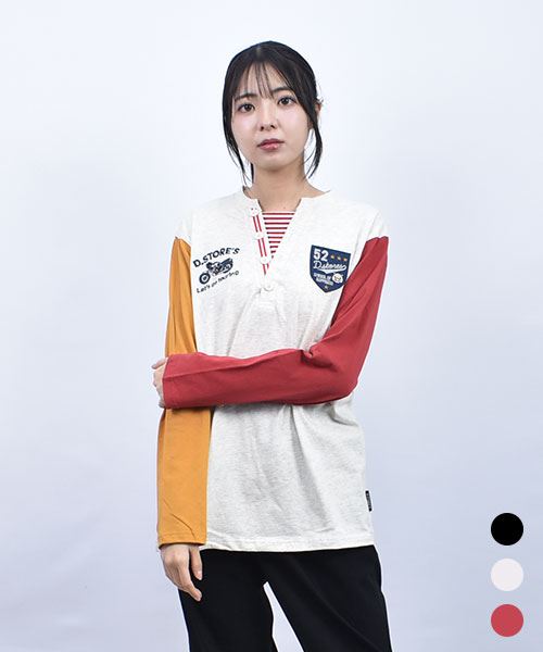 drug store's 20/-OE天竺 Vあき風  刺繍＆フェルトワッペン袖配色 ロンT