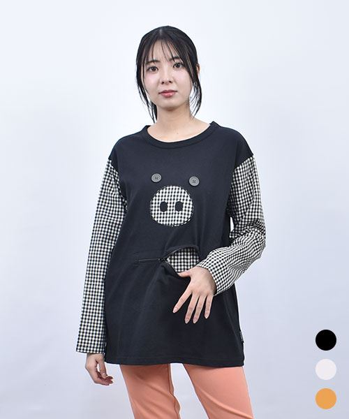 drug store's 20/-OE天竺 袖チェック ブタ顔 ファスナーポケットつき ロンT