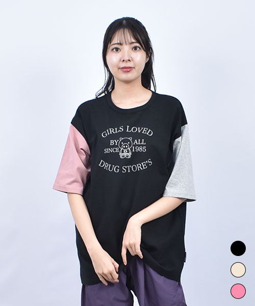 drug store's 20/-OE天竺 バック別布切替 ボタン開き スタンディプリント 丈長Tシャツ