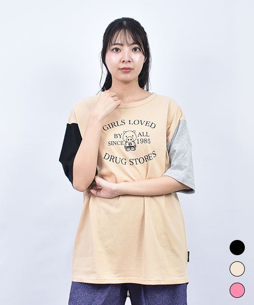 drug store's 20/-OE天竺 バック別布切替 ボタン開き スタンディプリント 丈長Tシャツ