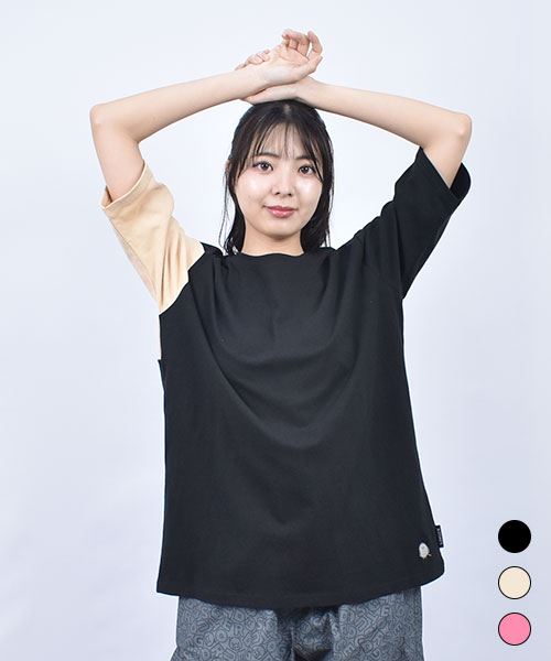 drug store's 20/-OE天竺 右袖配色 バックシマエナガ＆ハートンアップリケ Tシャツ