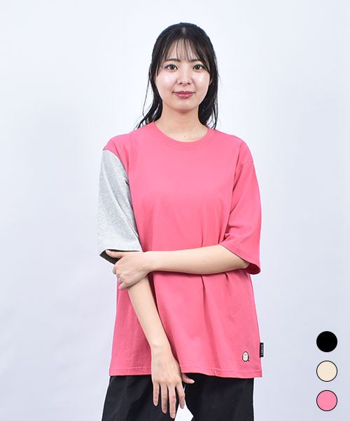 drug store's 20/-OE天竺 右袖配色 バックシマエナガ＆ハートンアップリケ Tシャツ