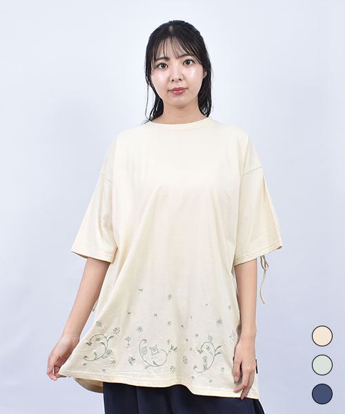 drug store's 20/-天竺 バックドロスト 花刺繍 チュニック