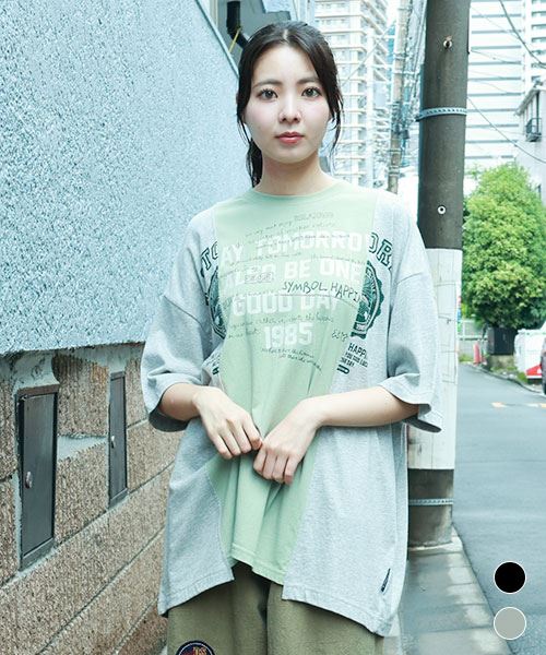 drug store's 20/-OE天竺 リメイク風 ロゴプリント ヘムカット切替 BIGT