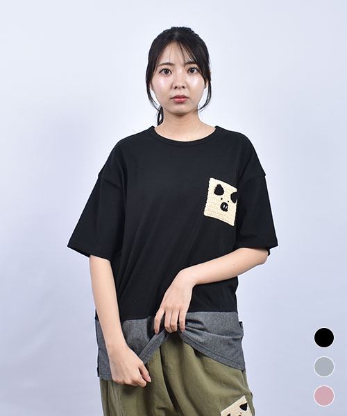 drug store's 20/-OE天竺 かぎ針ブタモチーフポケット 後ろロゴプリント 裾別布 BIG T