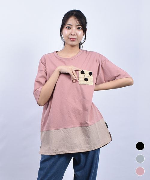 drug store's 20/-OE天竺 かぎ針ブタモチーフポケット 後ろロゴプリント 裾別布 BIG T