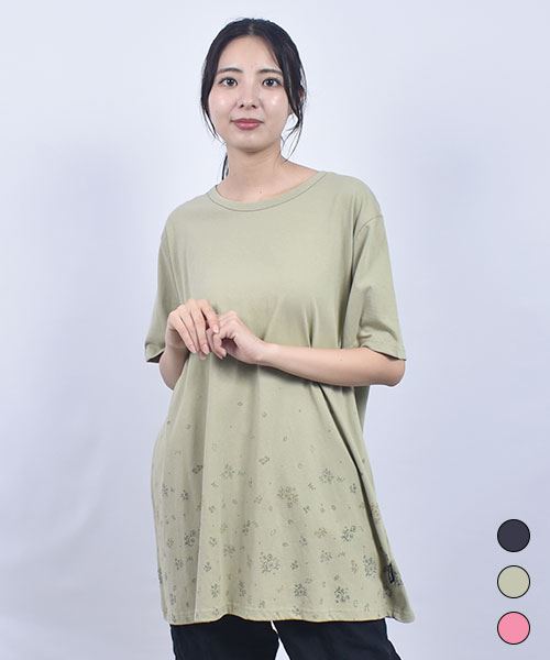 drug store's 20/-OE天竺 裾花柄プリント Aライン 定番T