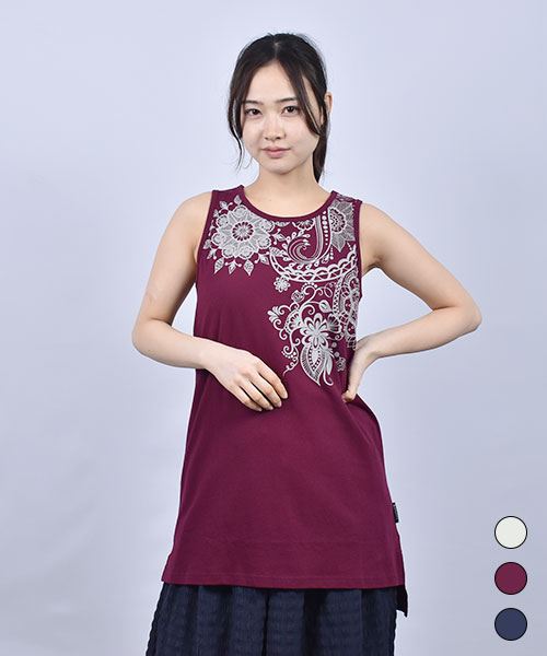 drug store's 20/-OE天竺 アジアン プリント 丈長 Aライン タンクトップ