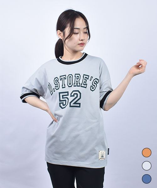 drug store's 編み立て ロゴプリント 衿袖リブ ワイドT