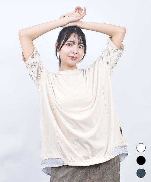 drug store's 20/-天竺 袖刺繍 後裾重ね着風 5分袖 T