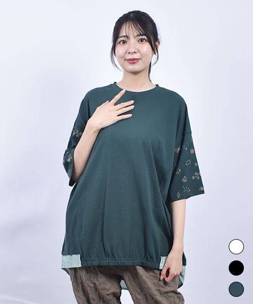 drug store's 20/-天竺 袖刺繍 後裾重ね着風 5分袖 T