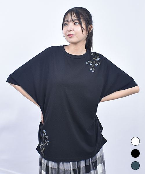 drug store's 20/-天竺 花刺繍 後裾タック入り ドルマンT