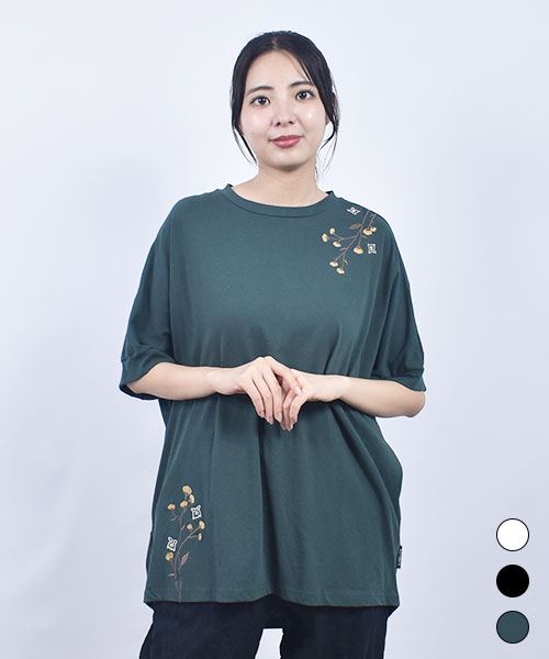 drug store's 20/-天竺 花刺繍 後裾タック入り ドルマンT