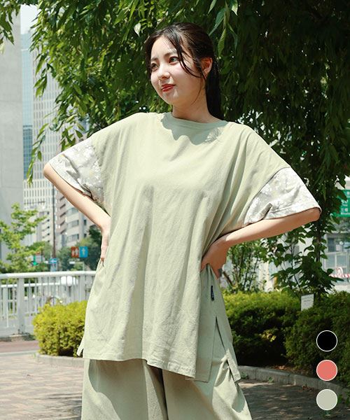 drug store's OE天竺 ブタ×花柄 袖プリント ドロップショルダー丈長 スリットT