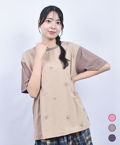 drug store's 32/-天竺 前身花総柄刺繍 Tシャツ