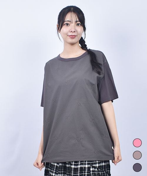 drug store's 32/-天竺 前身花総柄刺繍 Tシャツ