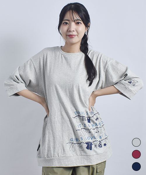 drug store's 20/-OE天竺 洗濯物プリント&刺繍 7分袖 Ｔ