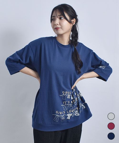 drug store's 20/-OE天竺 洗濯物プリント&刺繍 7分袖 Ｔ