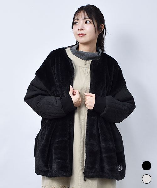 drug store's キルト袖 衿なし フェイクファー ブルゾン