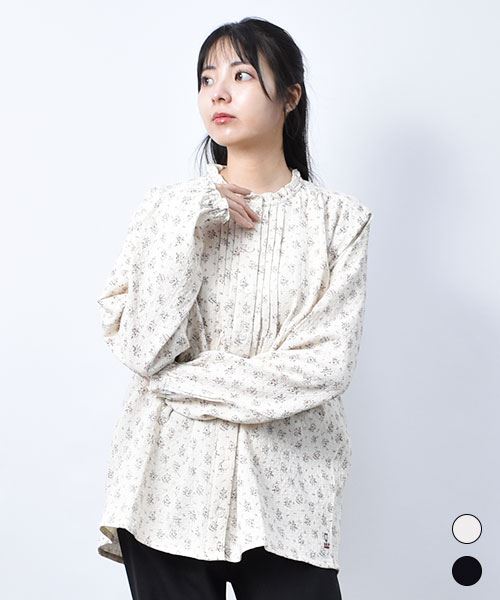 【シャツ】 小花プリント フリル シャツ