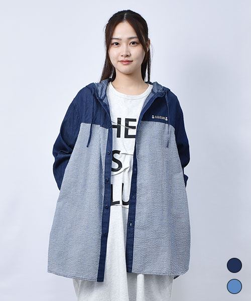 【パーカー】 チェック 薄デニム パーカー