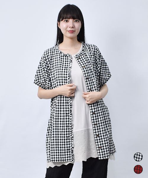 【チュニック】 ギンガムチェック フリル チュニック