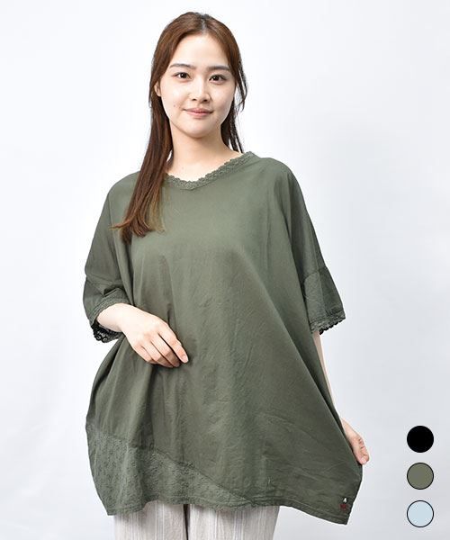 【Tシャツ】 ゆったり 衿レース Tシャツ