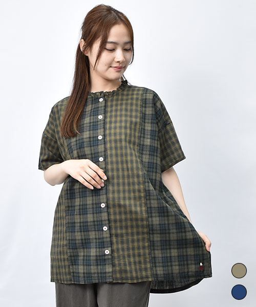 【シャツ】 タテライン チェック×チェック シャツ