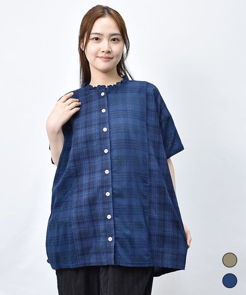 【シャツ】 タテライン チェック×チェック シャツ