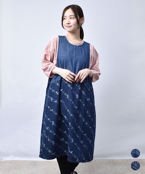 【ジャンスカ】 デニム 花柄 ジャンスカ