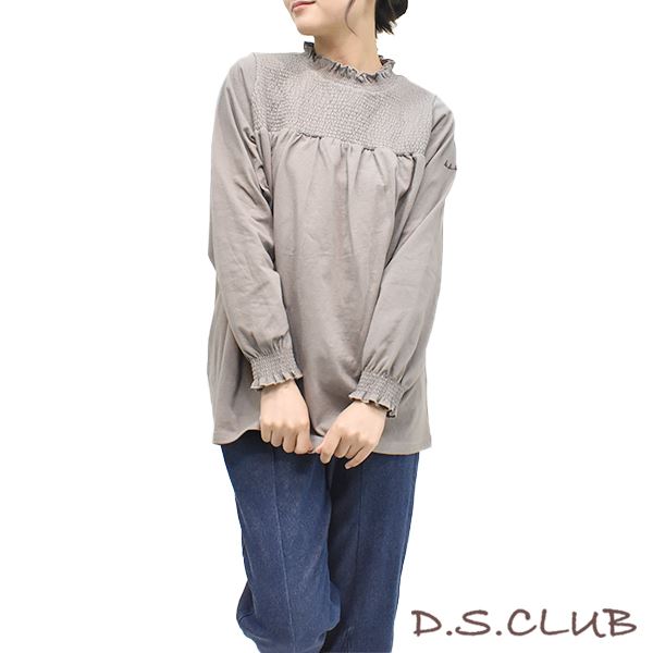 D.S.CLUB 16/-天竺 シャーリング フリルハイネック スモック風 プル