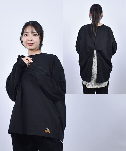 D.S.CLUB 天竺 花柄シフォン バック花柄ドッキング 袖口ギャザー ロンT