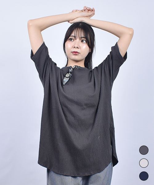 D.S.CLUB 天竺 スカーフつき ブタ刺繍 ドルマン Tシャツ