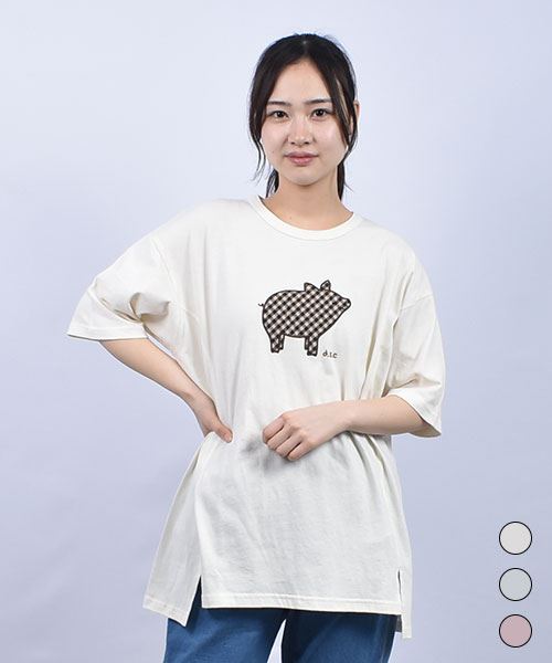 D.S.CLUB 天竺 ブタチェックアップリケ  5分袖 Tシャツ