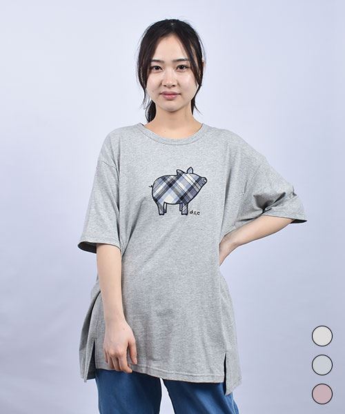 D.S.CLUB 天竺 ブタチェックアップリケ  5分袖 Tシャツ