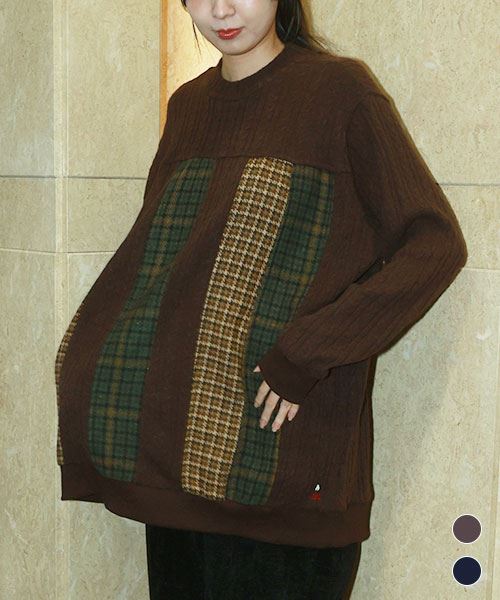 D.S.CLUB チェック 切替 ハイネック ケーブルニット