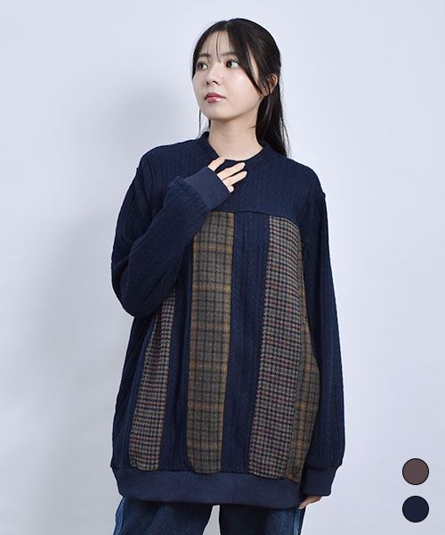 D.S.CLUB チェック 切替 ハイネック ケーブルニット