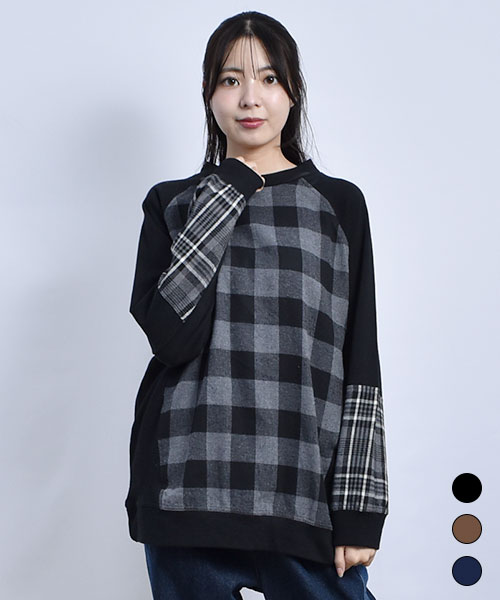 D.S.CLUB 裏毛 チェック 別布使い トレーナー