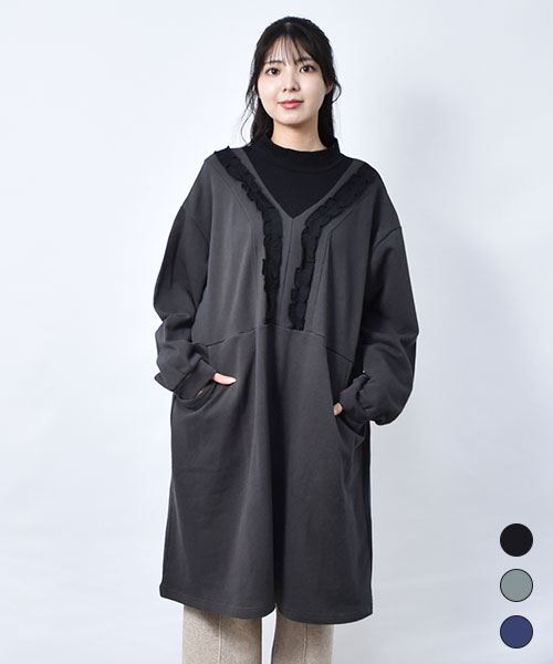 【ワンピース / 裏毛】 ハイネック フリル ワンピース