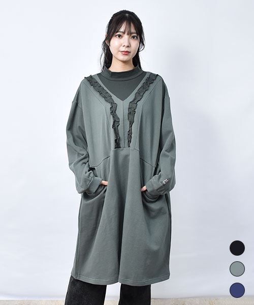 【ワンピース / 裏毛】 ハイネック フリル ワンピース