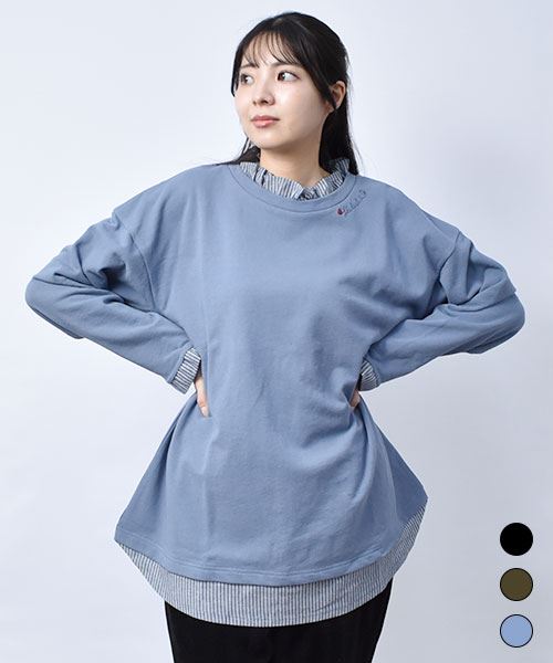 【スウェット トレーナー】 重ね着風 シャツ トレーナー
