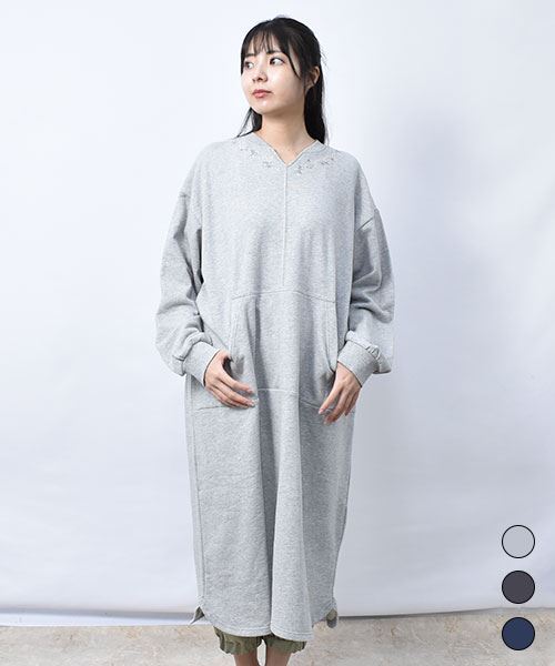 【ワンピース】 花刺繍 Vネック トレーナー ワンピース