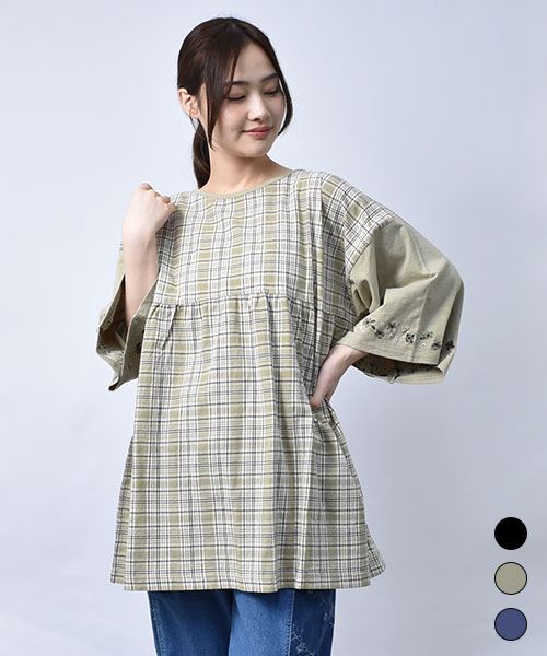 【ブラウス】 ふんわりギャザー チェック ブラウス