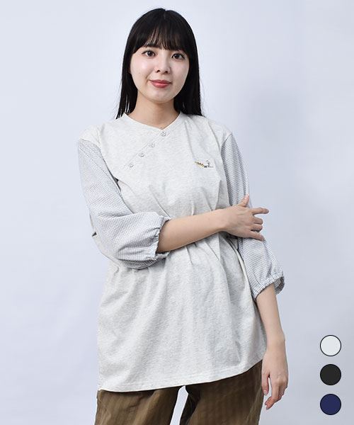 【Tシャツ】 斜めボタン 異素材 Tシャツ