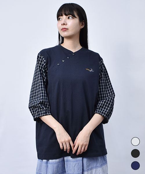 【Tシャツ】 斜めボタン 異素材 Tシャツ