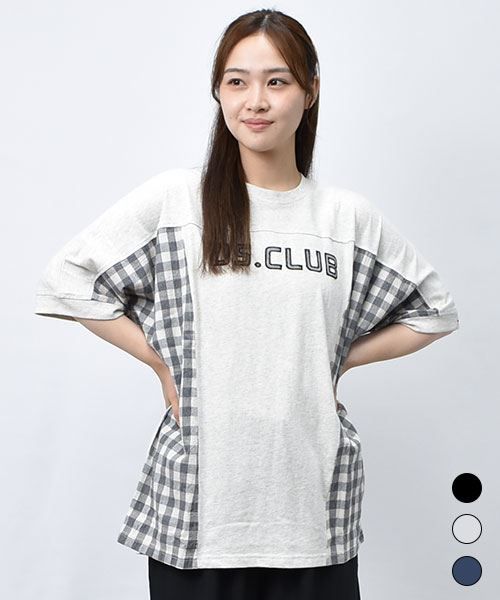 【Tシャツ】 チェック切替 ロゴ Tシャツ