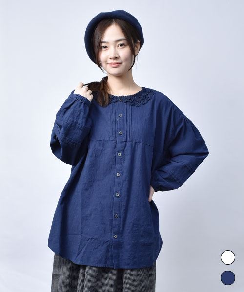 【ブラウス】 襟レース ジャガード ブラウス