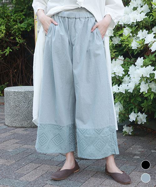 【パンツ】 裾レース ワイドパンツ